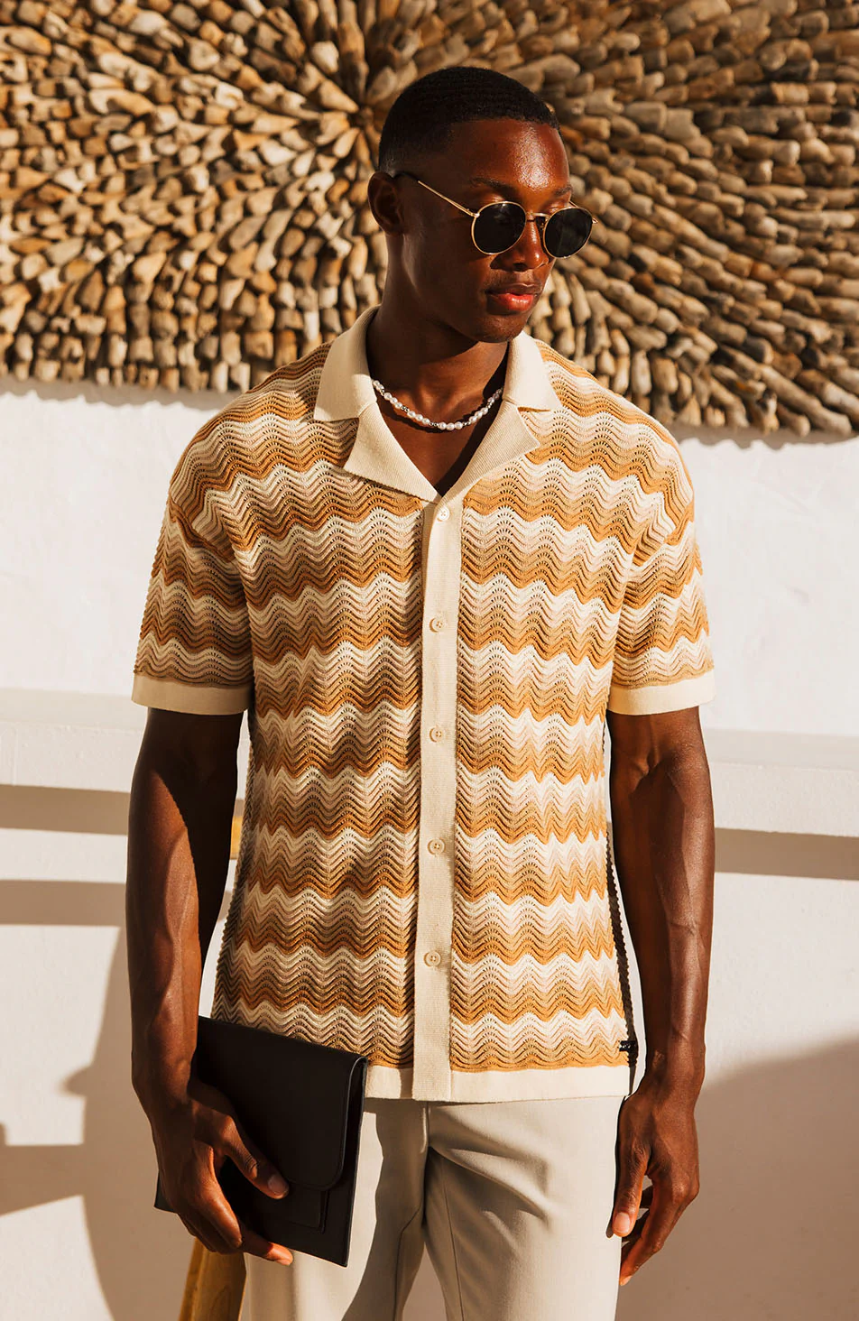 Aruba Textured Relaxed Fit Knitted Shirt in Beige - Image 2