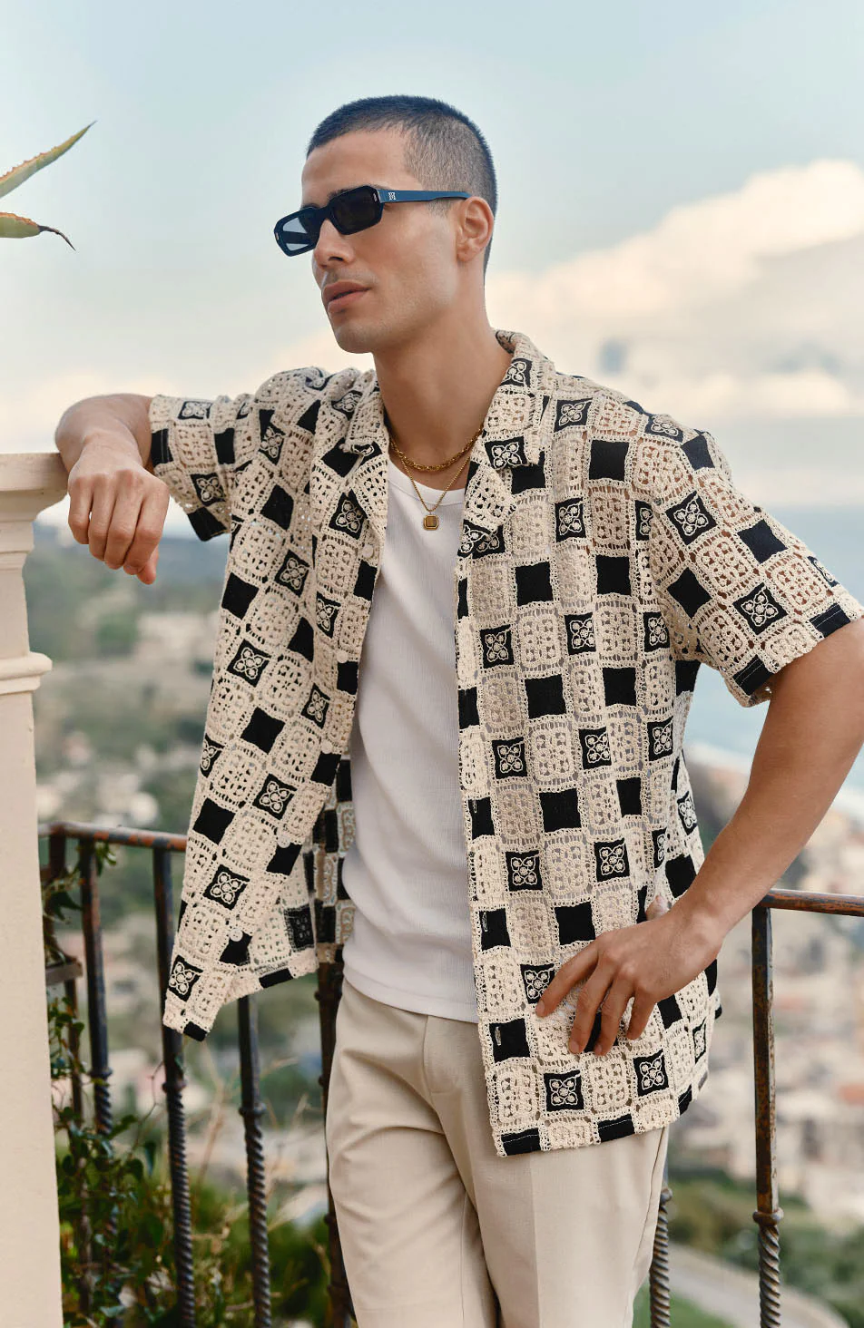 Bellagio Relaxed Checked Crochet Shirt in Black - Image 4