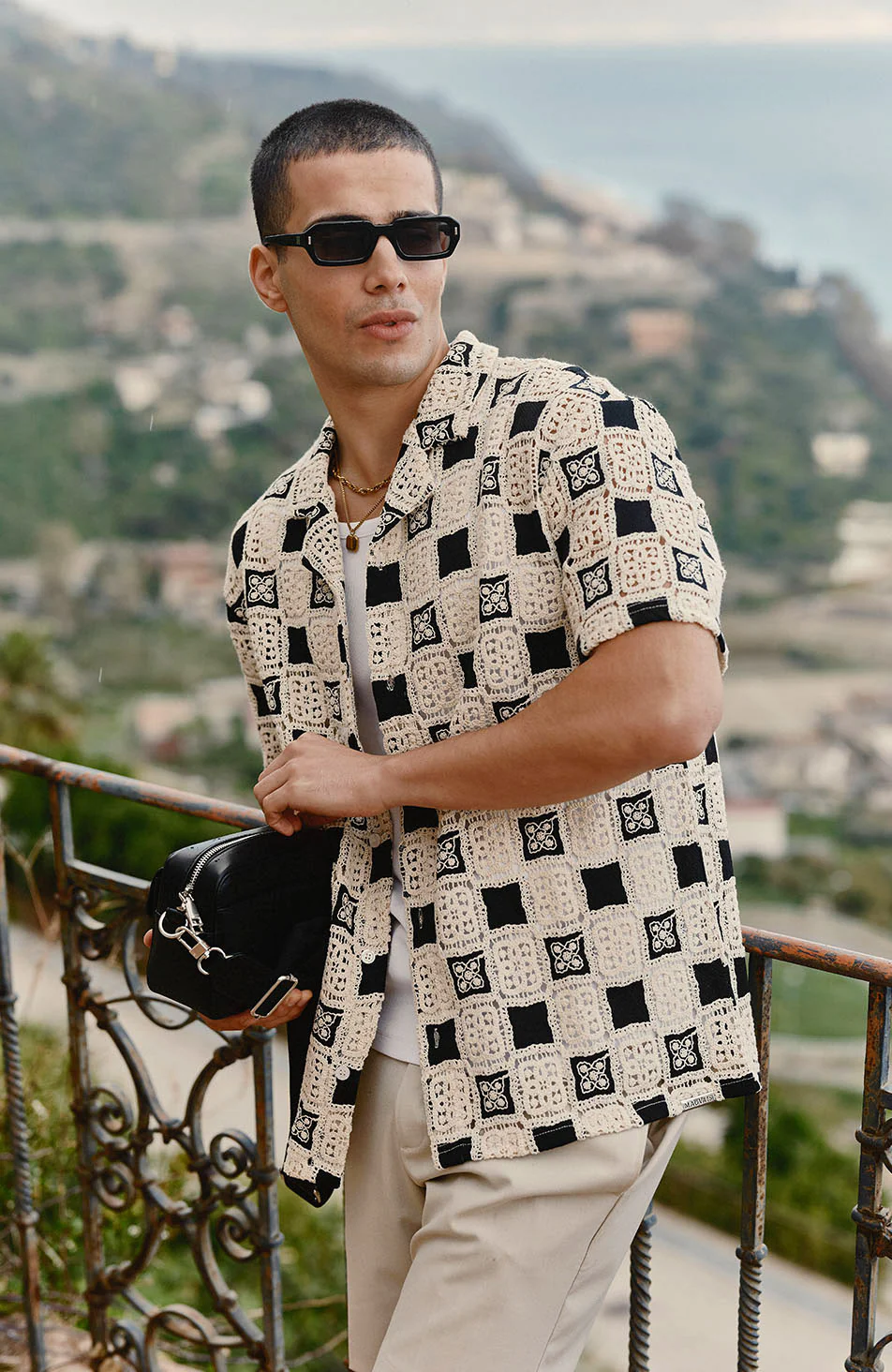 Bellagio Relaxed Checked Crochet Shirt in Black - Image 5