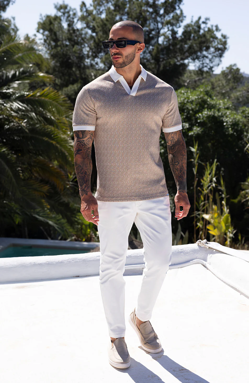 Calvi Swirl Geo Jacquard Slim Polo in Sand - Image 5