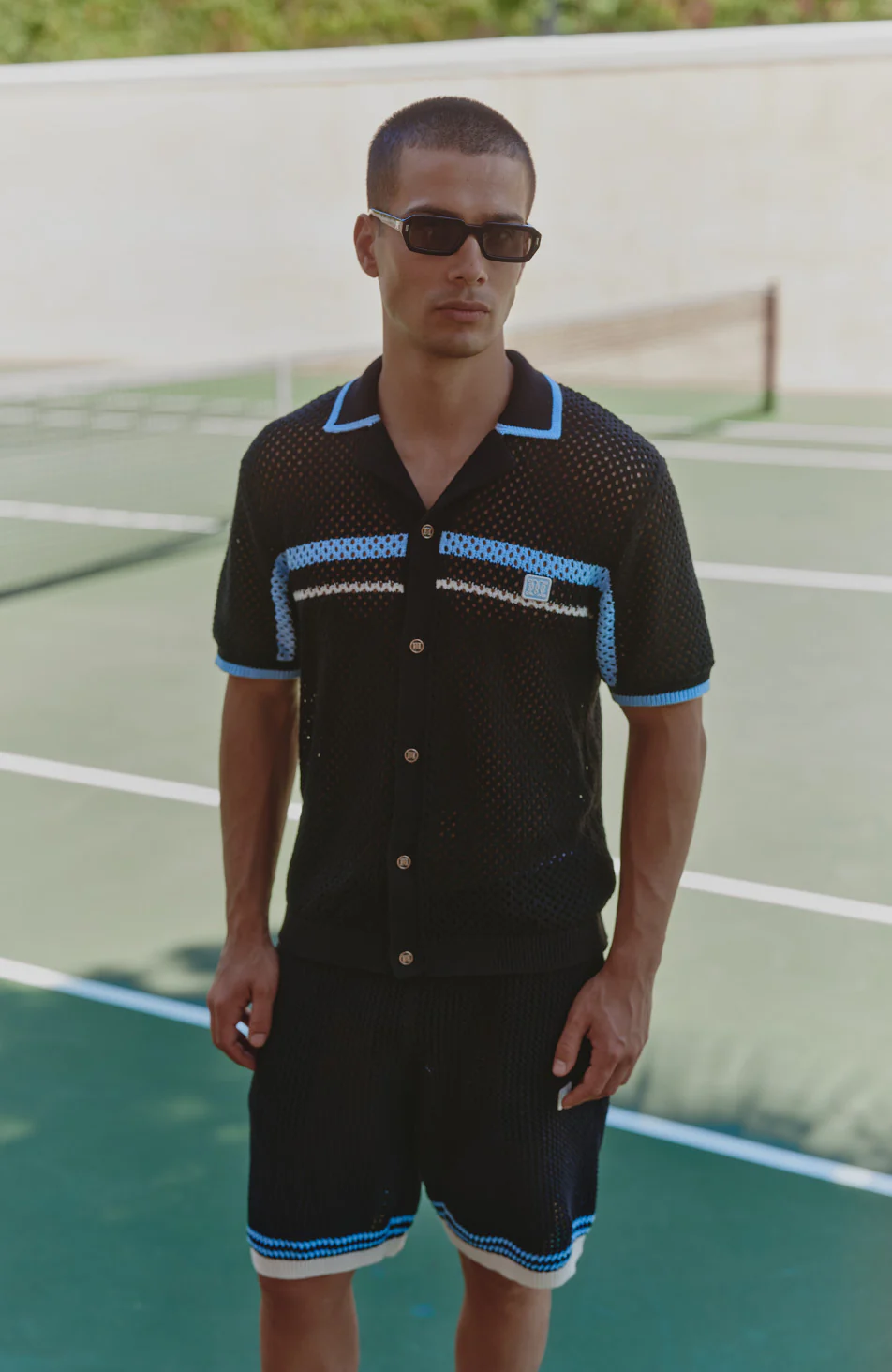 Malibu Cotton Short Sleeve Crochet Shirt in Black