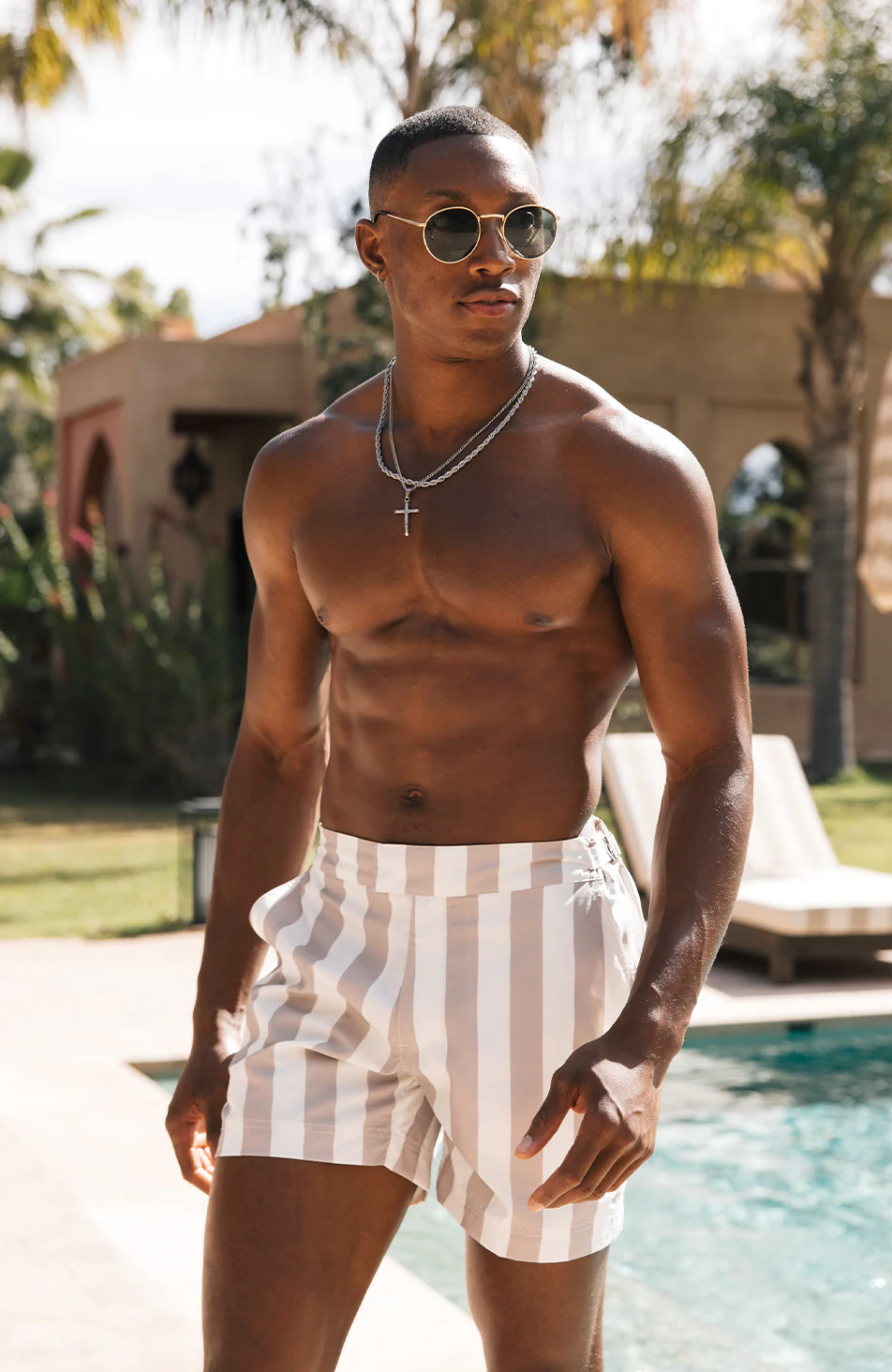 Nero Stripe Swim Short in Cream and Taupe - Image 4