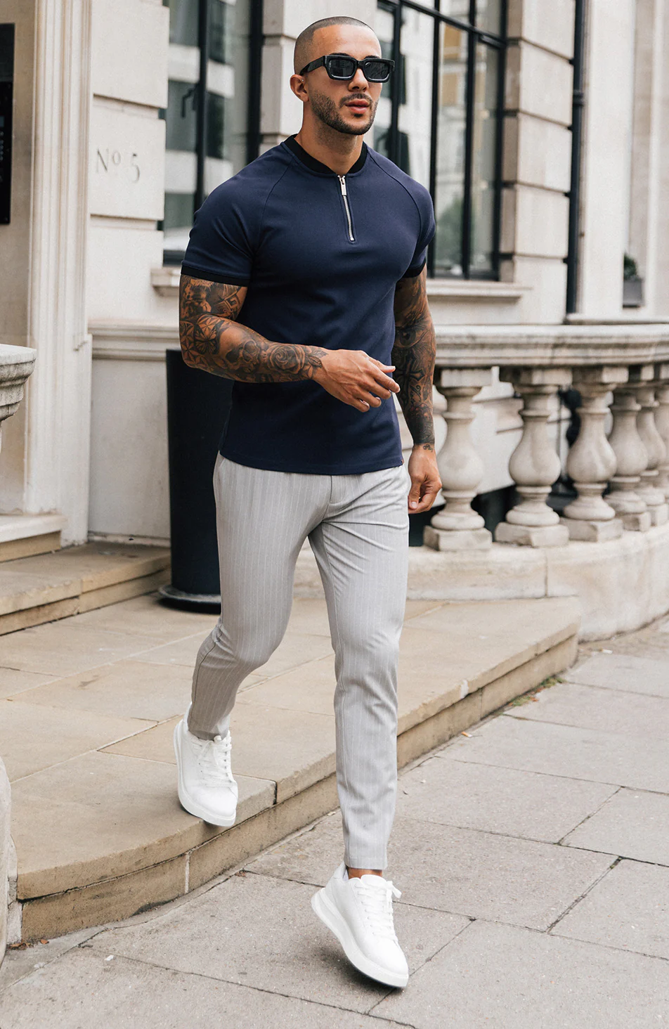 Signature Half Belt Trousers in Grey Pinstripe - Image 2