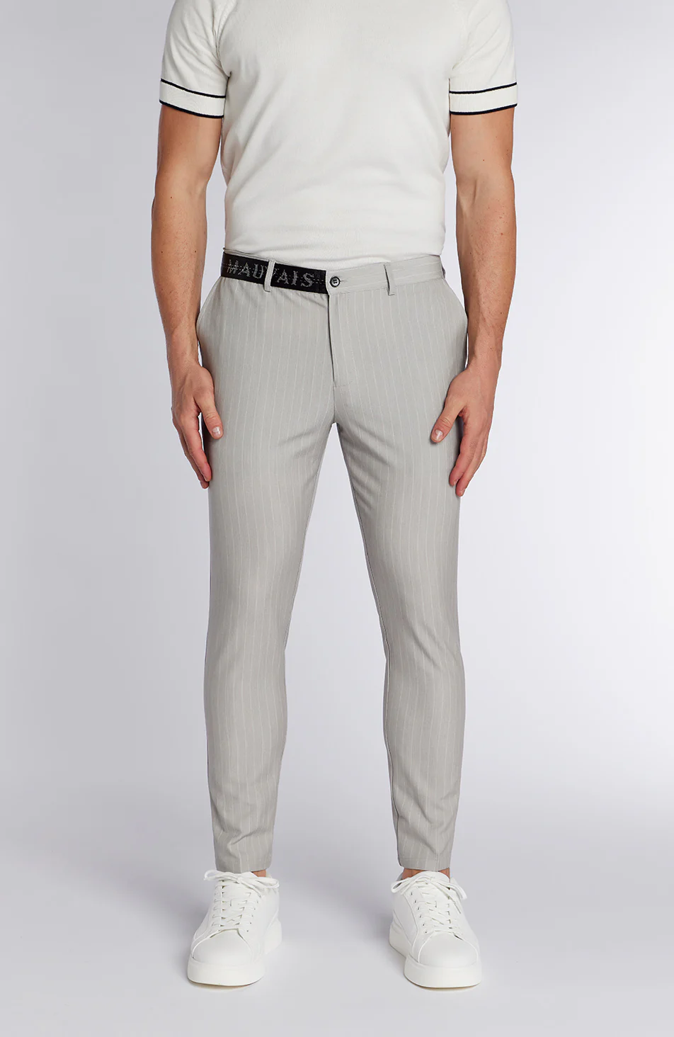 Signature Half Belt Trousers in Grey Pinstripe - Image 3