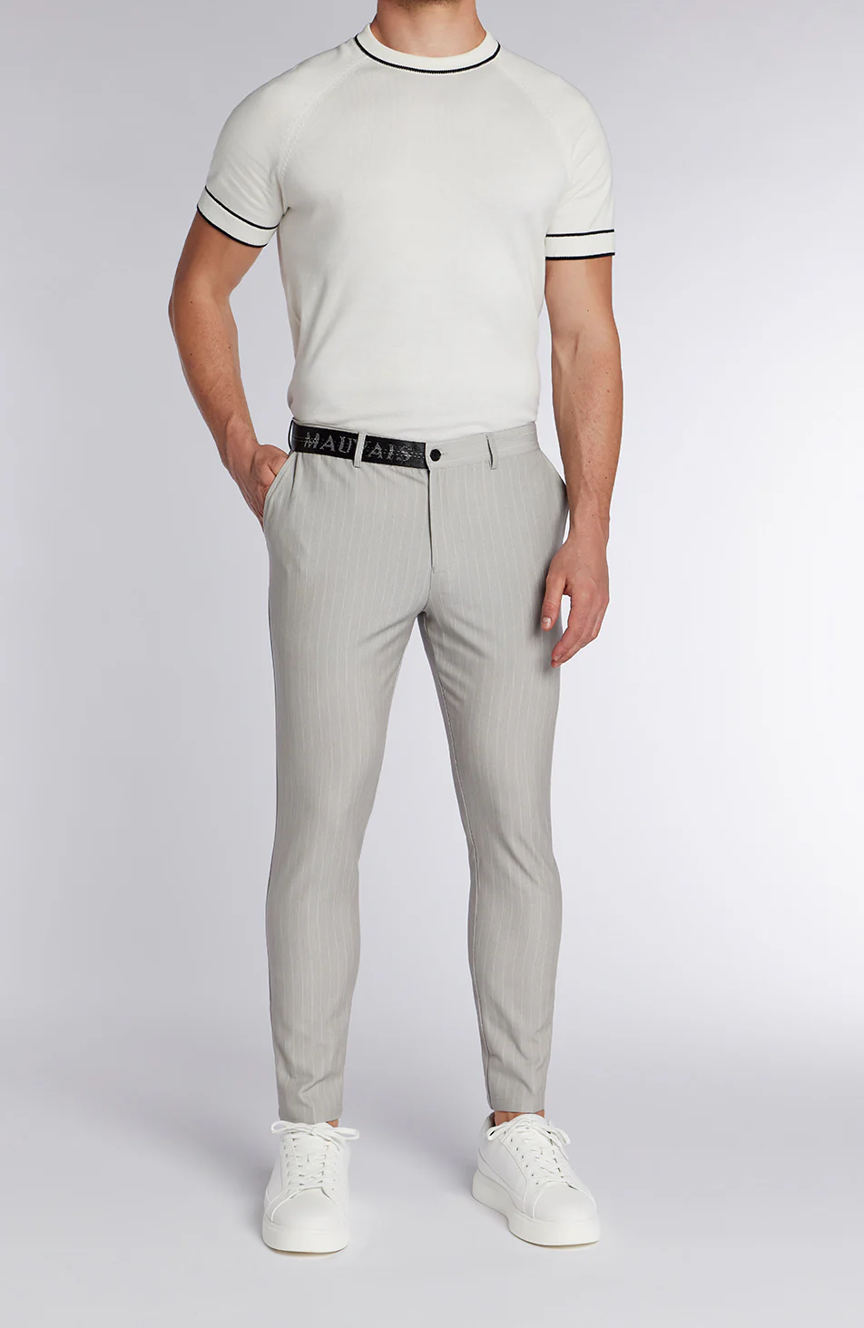 Signature Half Belt Trousers in Grey Pinstripe - Image 4