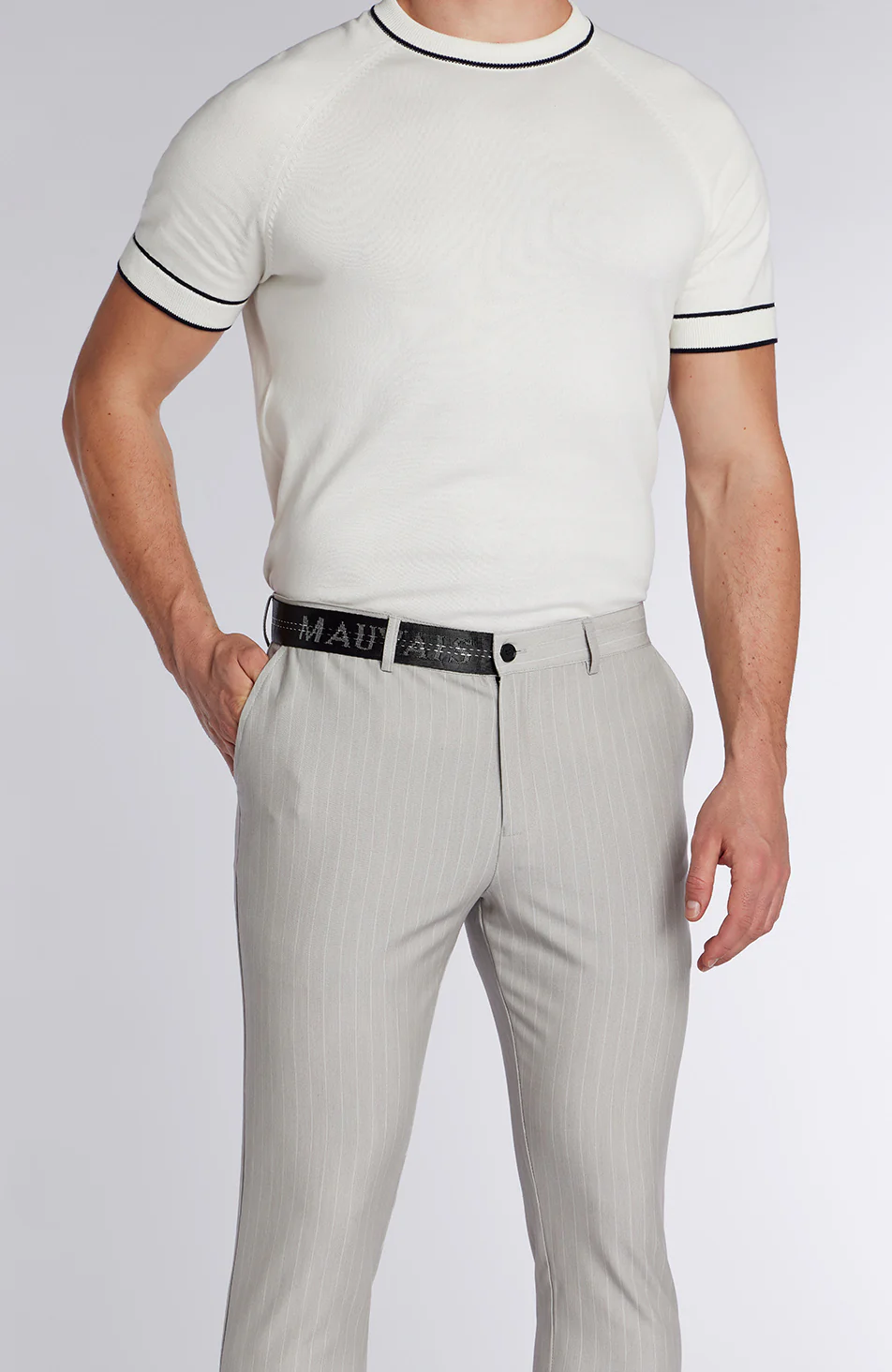 Signature Half Belt Trousers in Grey Pinstripe - Image 5