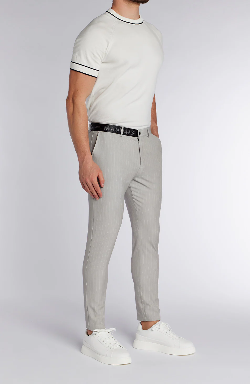 Signature Half Belt Trousers in Grey Pinstripe - Image 6