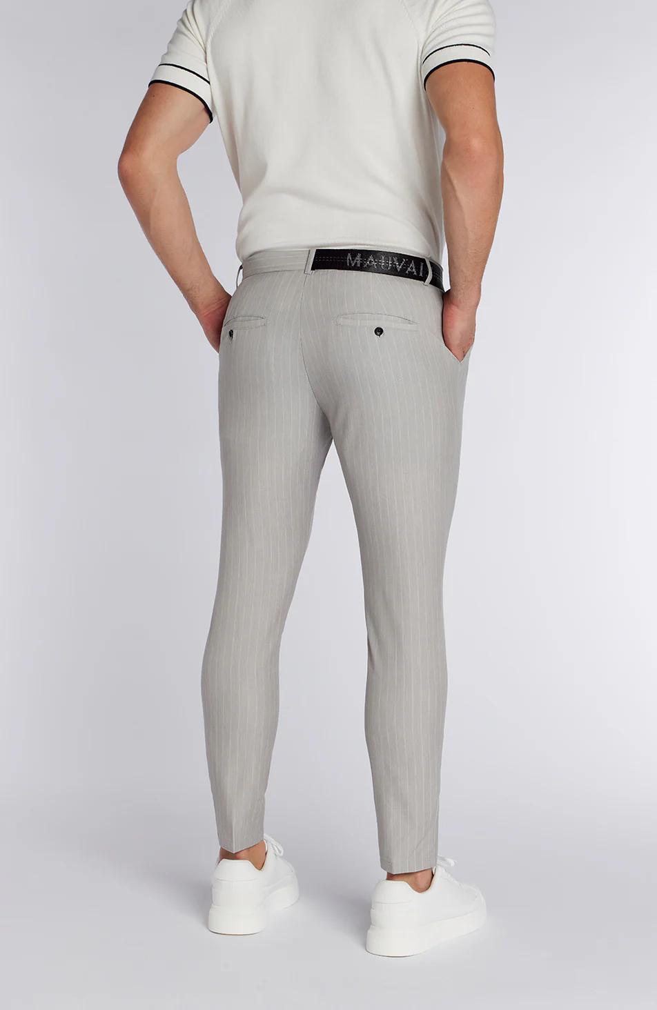 Signature Half Belt Trousers in Grey Pinstripe - Image 7