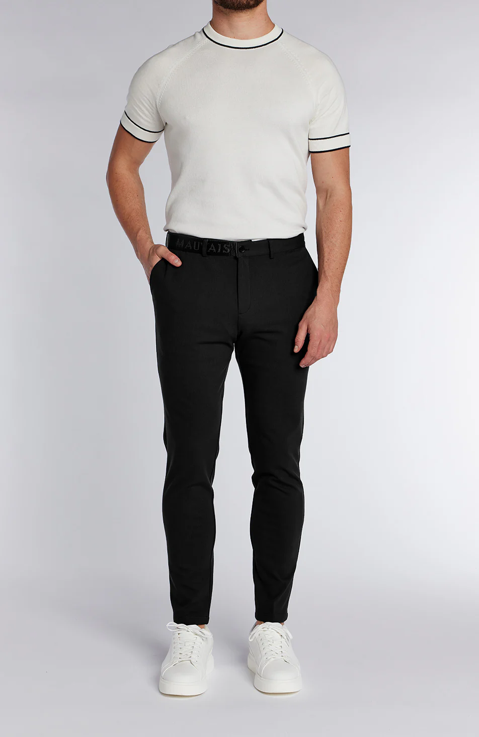 Signature Trousers With Tonal Half Belt in Black - Image 3