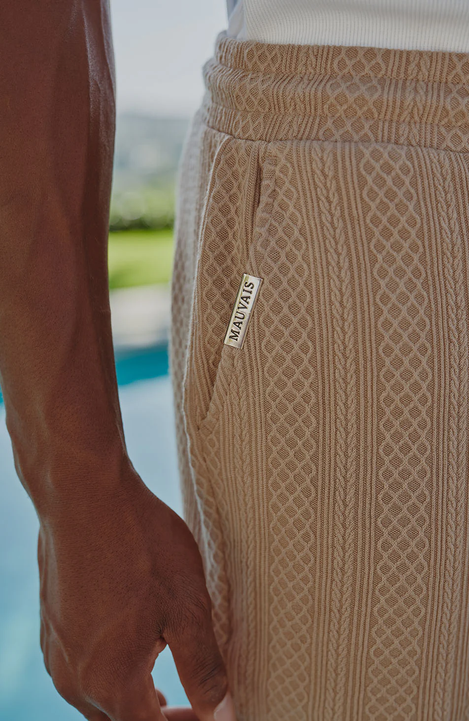 Tanami Textured Stretch Slim Shorts in Beige - Image 2