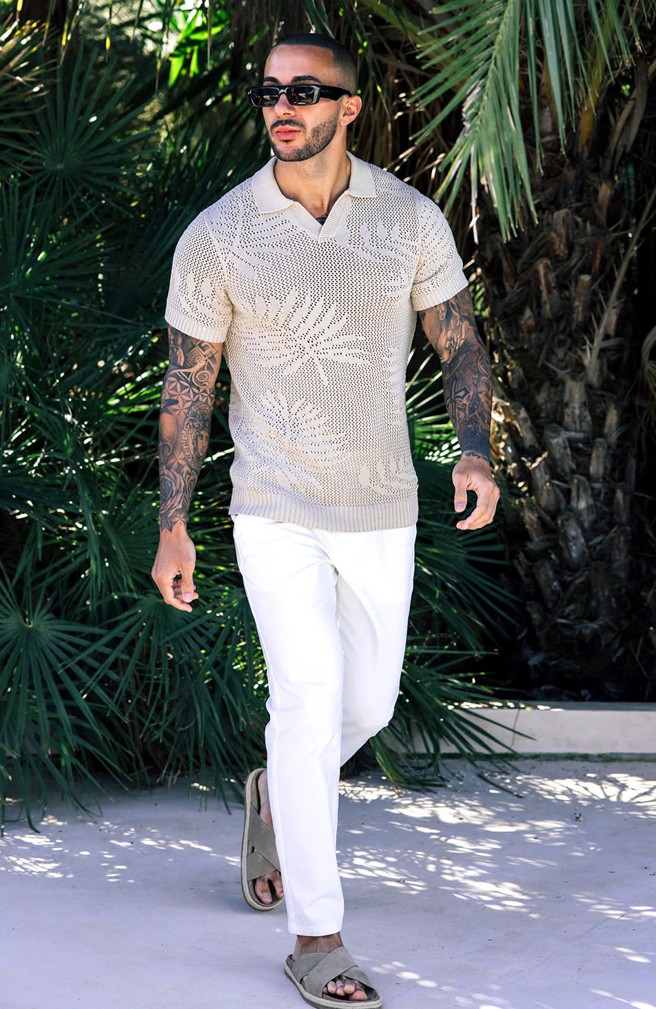 Tropics Relaxed Fit Crochet Knit Polo in Beige - Image 2