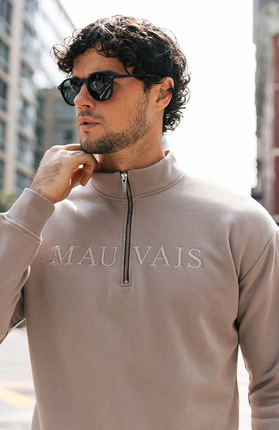 Volonte Regular Quarter Zip Sweatshirt in Stone - Image 3